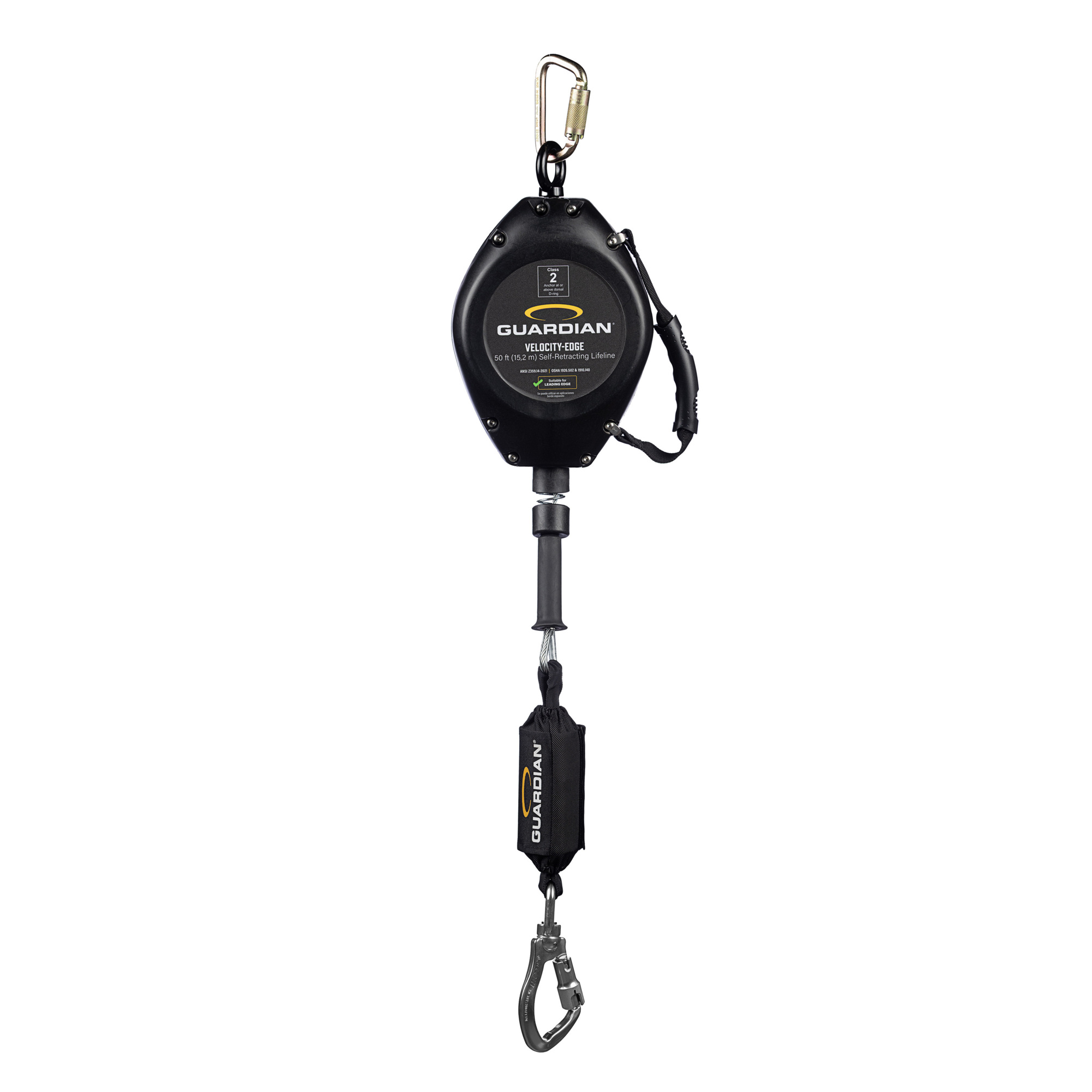Guardian Fall Protection Velocity-Edge Self-Retracting Lifeline — 50ft. Cable, Swivel Top, Carabiner, OSHA/ANSI Compliant, Model# 4200111